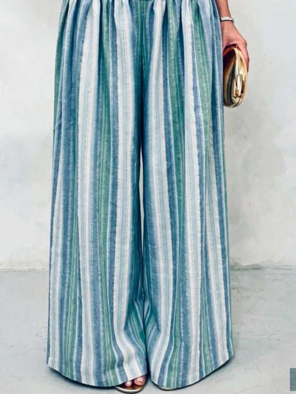 BOHO xs Lounge Pool Wide Straight Leg Striped Blue Gray Metallic Trouser Pant